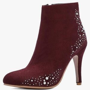 Joojaky Women's Fashion Rhinestone Stiletto Heel Zipper Booties, Wine Red